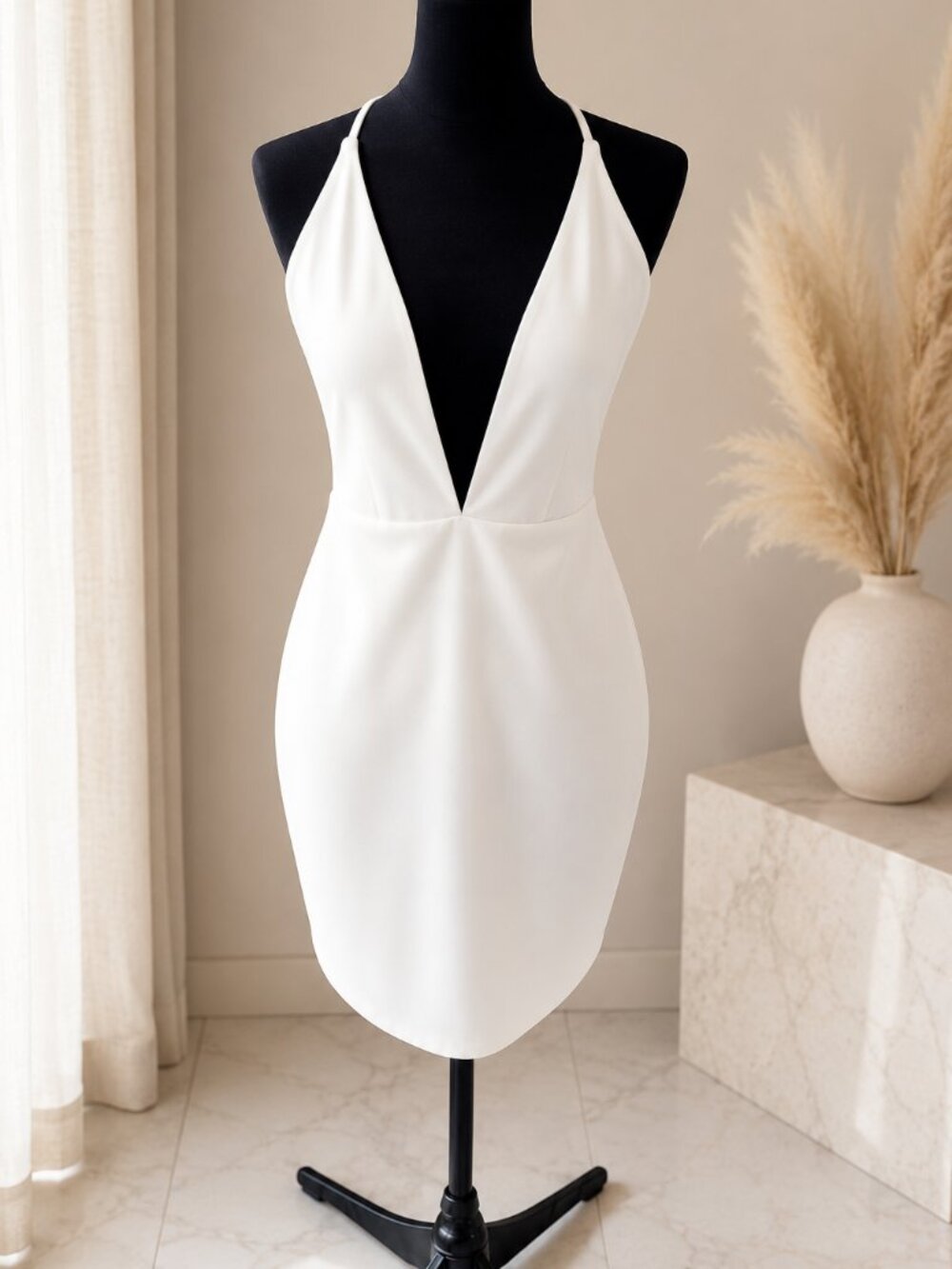 Lulu’s White Deep V Mini Dress Criss Cross Back NWT Size L